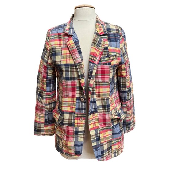 Lands End Madras Plaid Patchwork Blazer Jacket Sport Coat Boys 18 / Womens XS